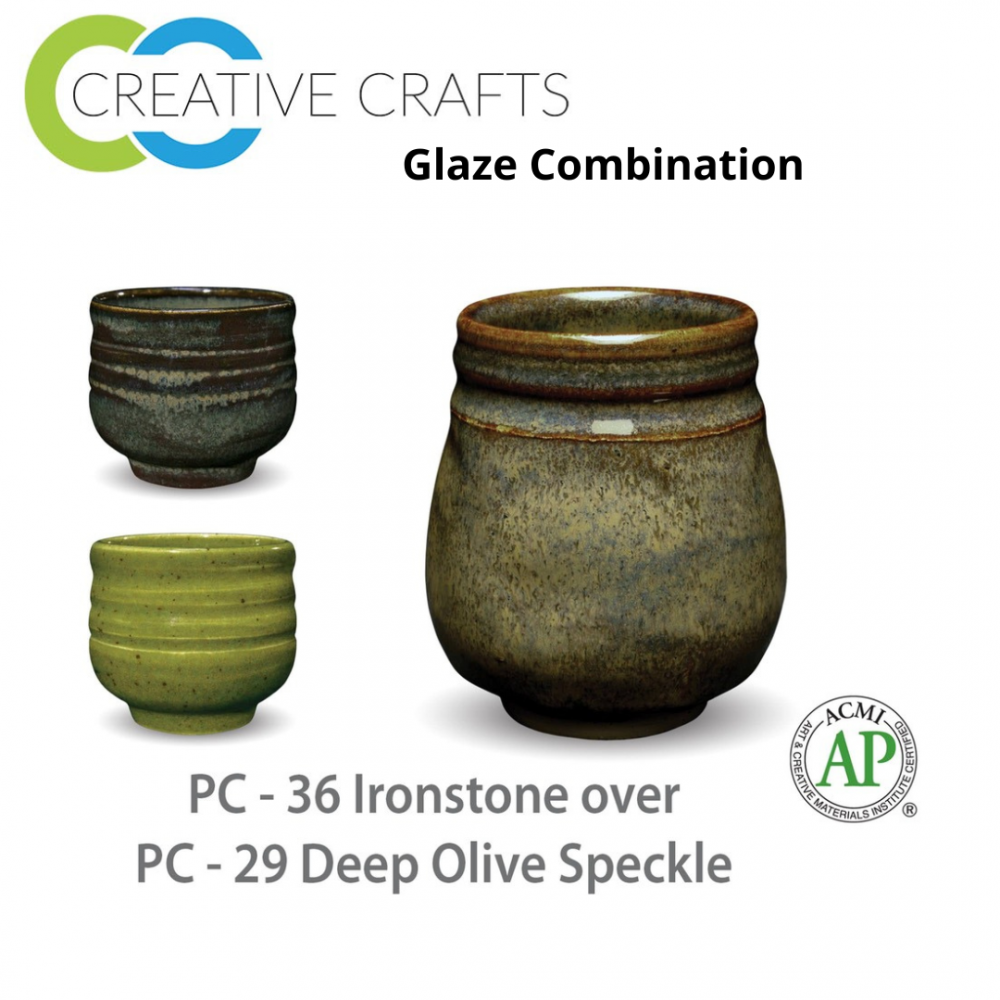 Ironstone PC-36 over Deep Olive Speckle PC-29 Pottery Cone 5 Glaze